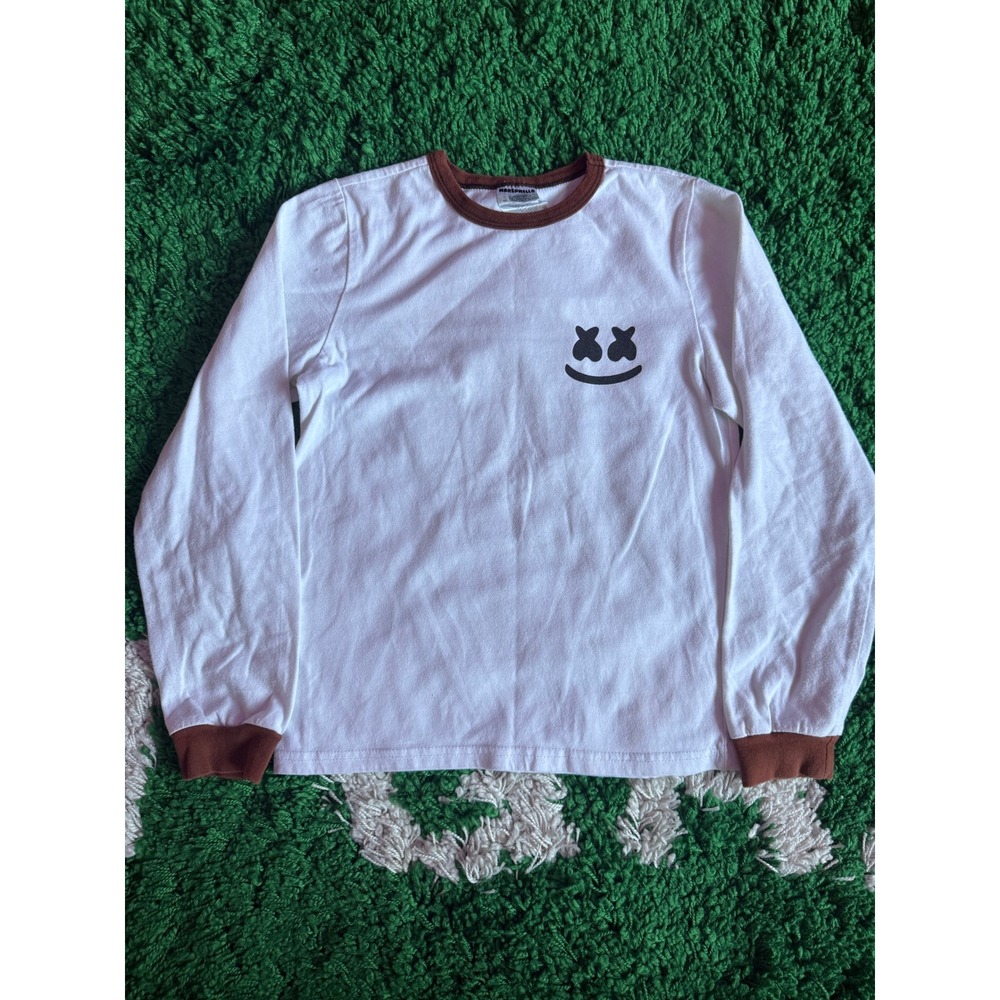 Marshmello Keep It Mello White Brown Ringer Long Sleeve Graphic Tee Shirt